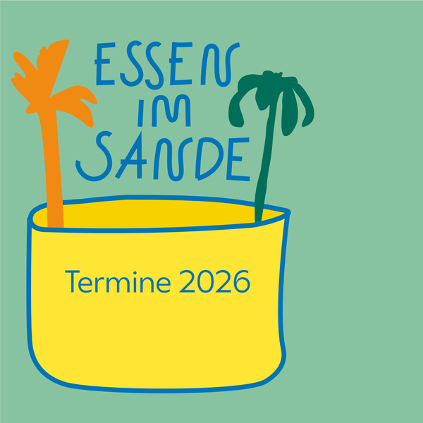 Palm trees growing out of a stylised yellow pot on petrol green ground showing the Text 'Essen im Sande' 